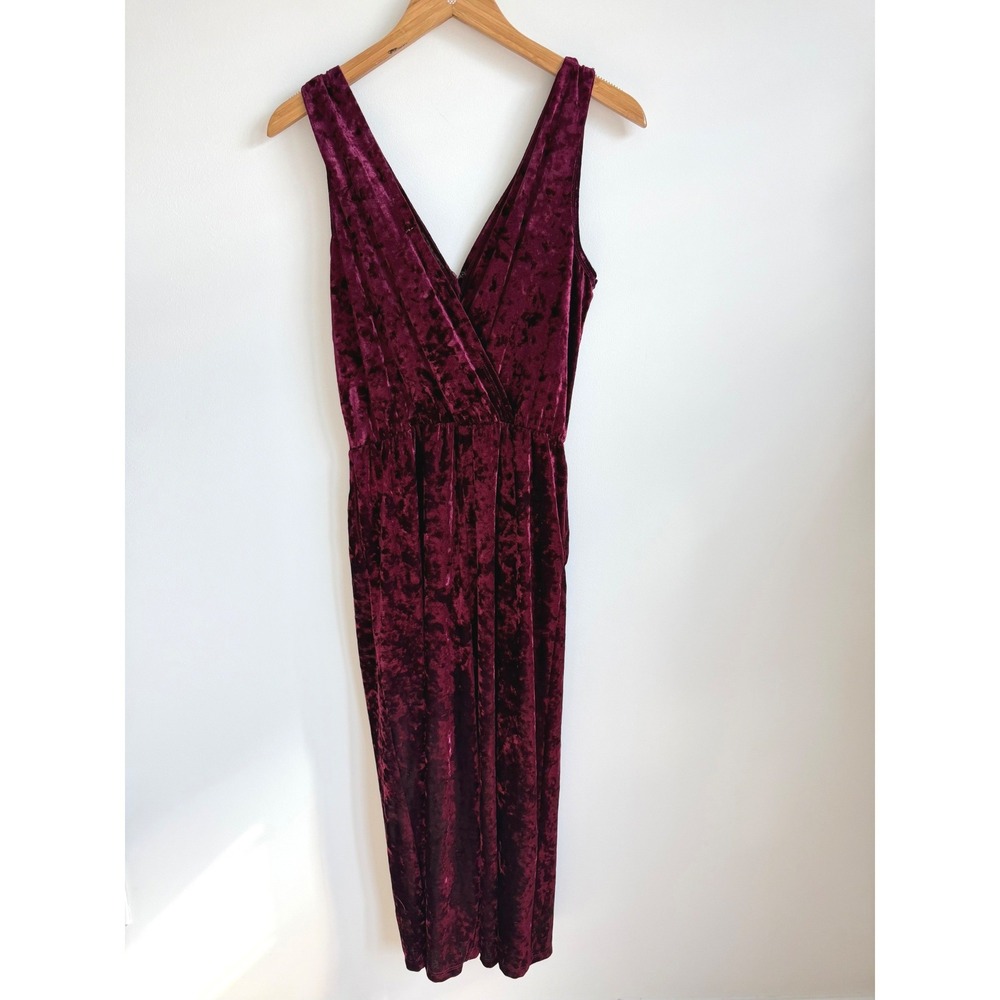 Women's Burgundy Crushed Velvet Wide Leg Jumpsuit Medium Whimsigoth - Picture 9 of 12